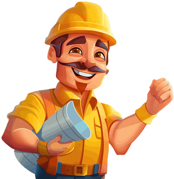 Contractor Simulator maskotu: sarı baretli, bıyıklı, elinde rulo proje tutan müteahhit