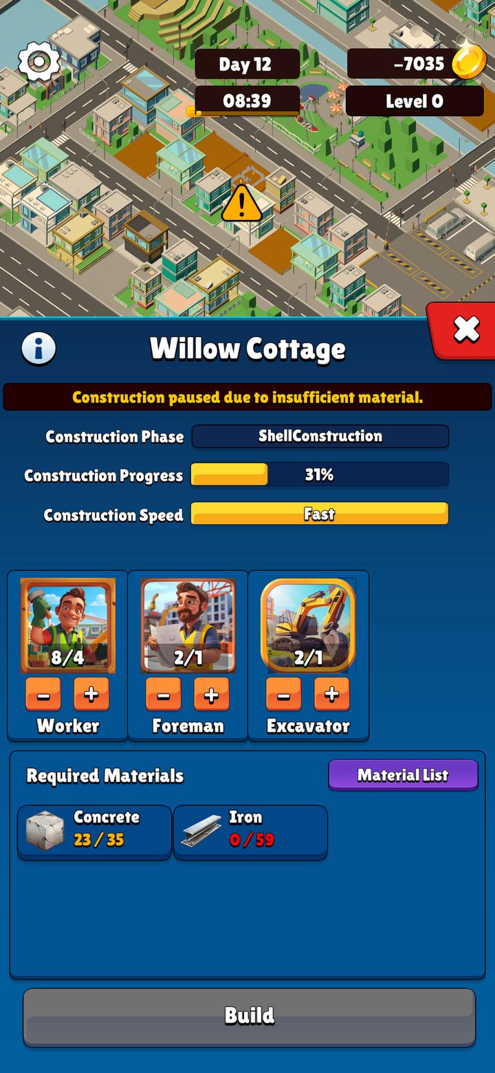 Willow Cottage proje paneli: inşaat malzeme yetersizliğinden durdu, ilerleme %31, İşçi 8/4, Formen 2/1, Ekskavatör 2/1, Beton 23/35, Demir 0/59